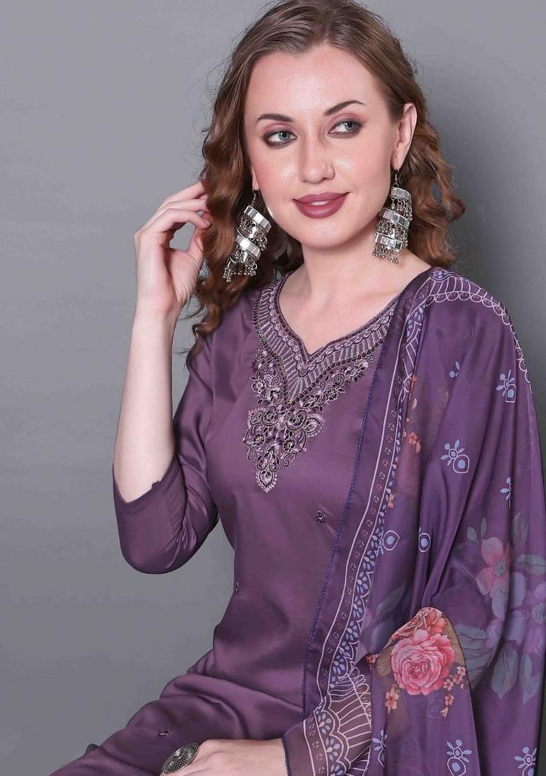 Purple Embroidered Silk Blend Kurta Set - Indya