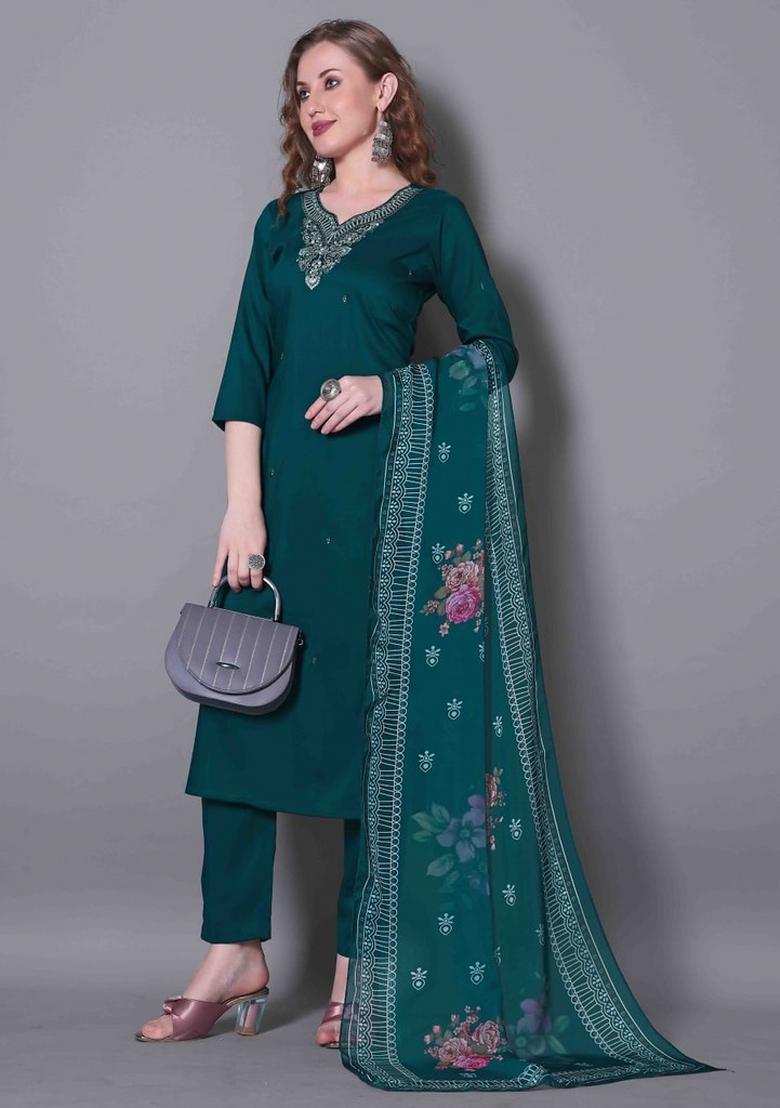 Green Embroidered Silk Blend Kurta Set - Indya