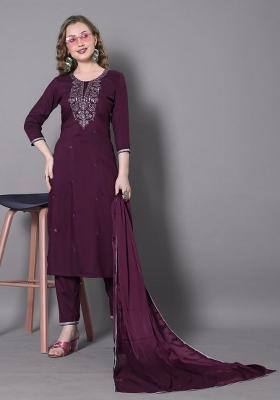 Wine Embroidered Silk Kurta Set