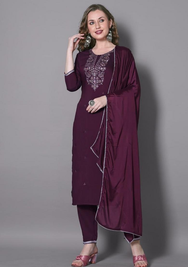 Wine Embroidered Silk Blend Kurta Set - Indya