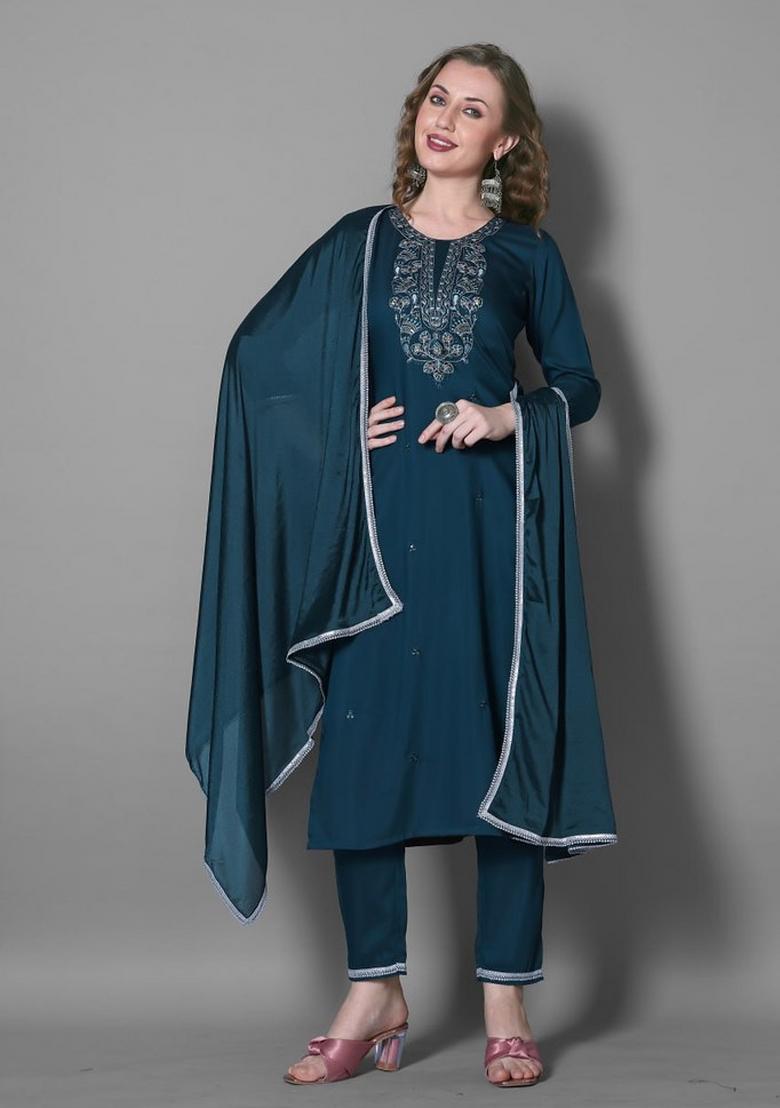 Blue Embroidered Silk Blend Kurta Set - Indya