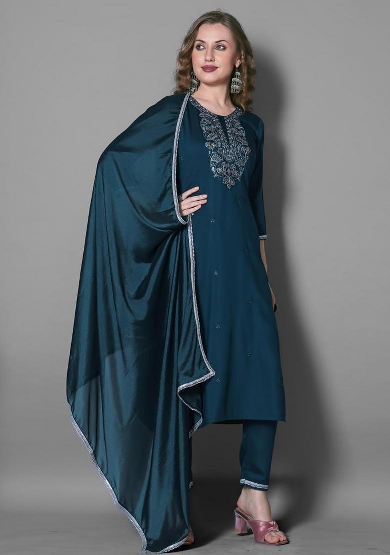 Blue Embroidered Silk Blend Kurta Set - Indya