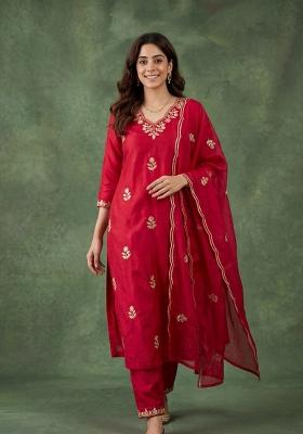 Pink Embroidered Cotton Kurta Set