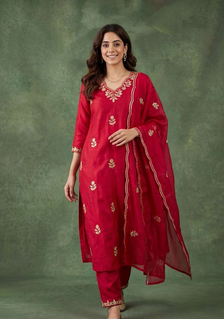 Pink Embroidered Cotton Kurta Set - Indya