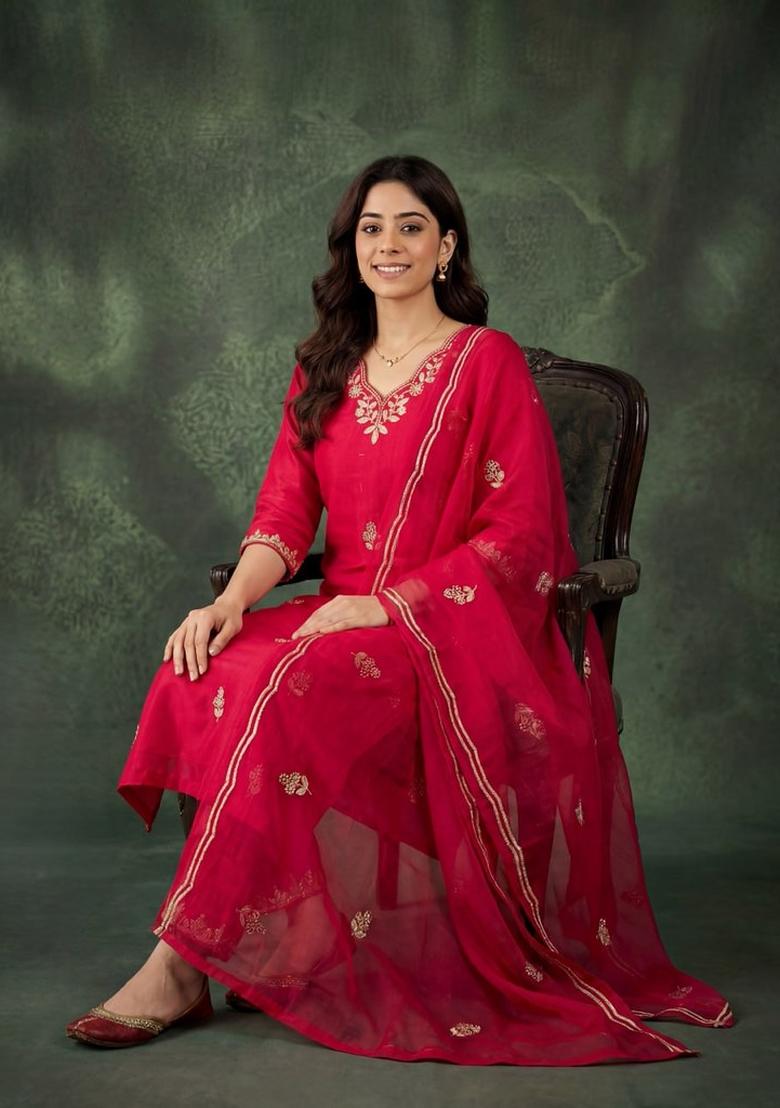 Pink Embroidered Cotton Kurta Set - Indya