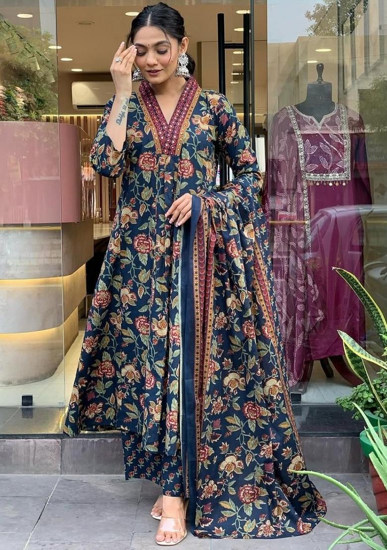 Navy Blue Printed Cotton Kurta Set - Indya