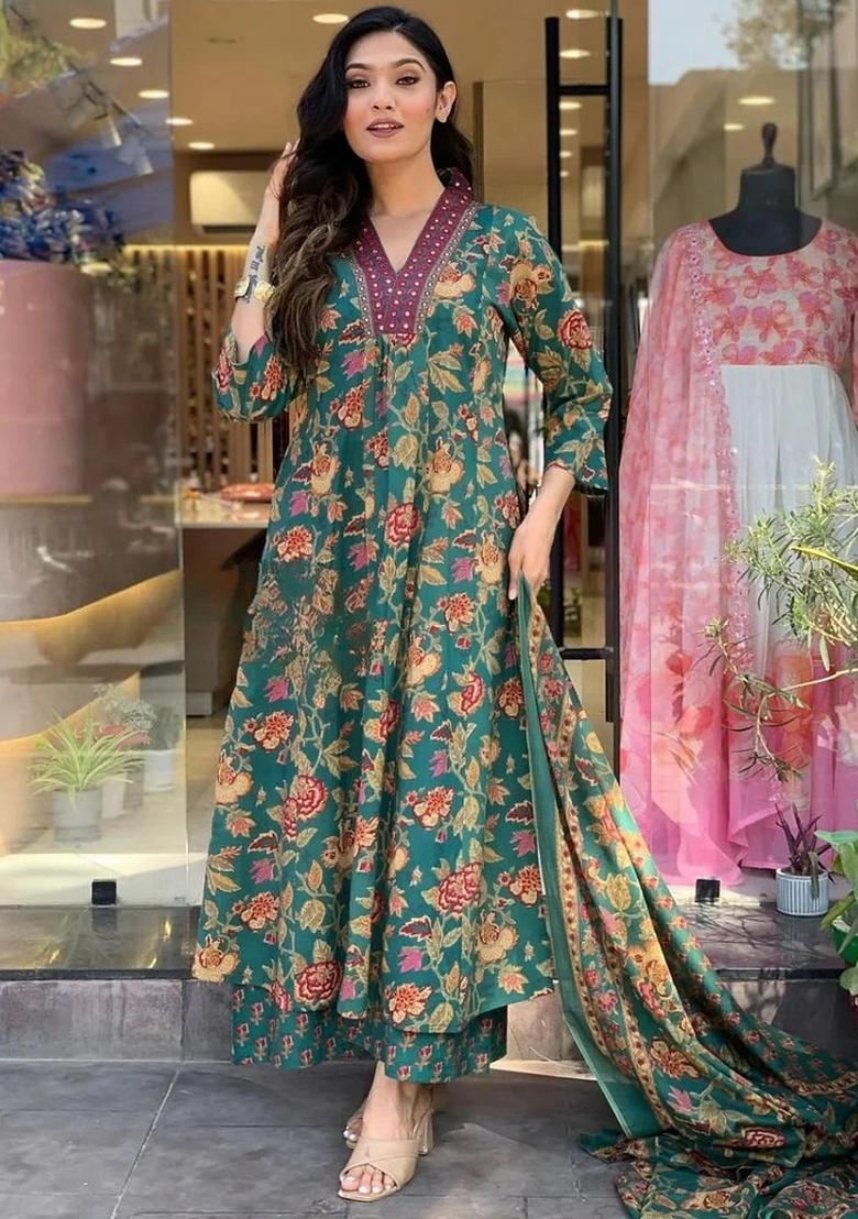 Green Printed Cotton Kurta Set - Indya