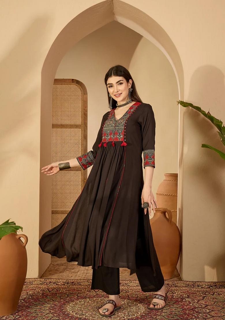 Black Printed Cotton Kurta Set - Indya