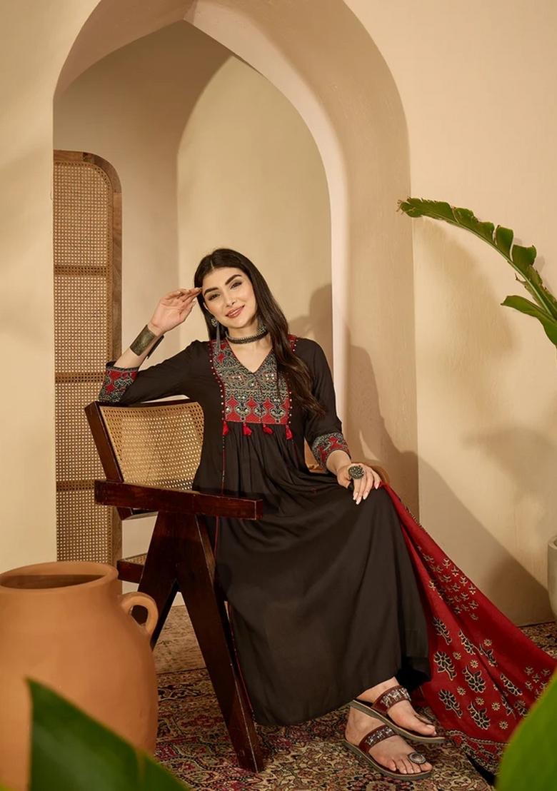 Black Printed Cotton Kurta Set - Indya