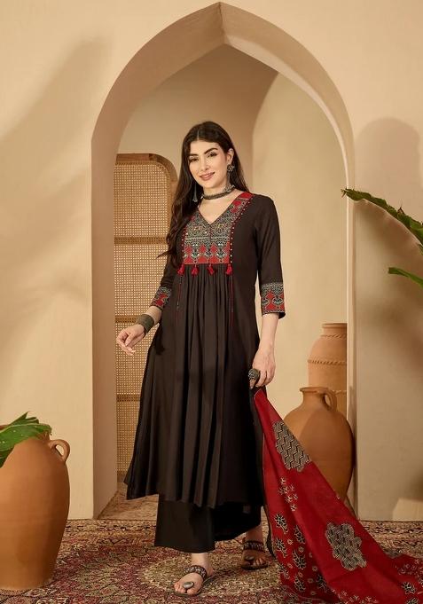 Black Printed Cotton Kurta Set