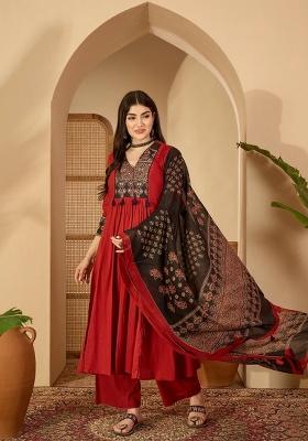 Maroon Printed Cotton Kurta Set