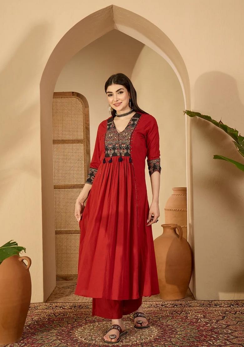 Maroon Printed Cotton Kurta Set - Indya