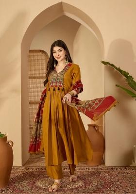 Mustard Printed Cotton Kurta Set