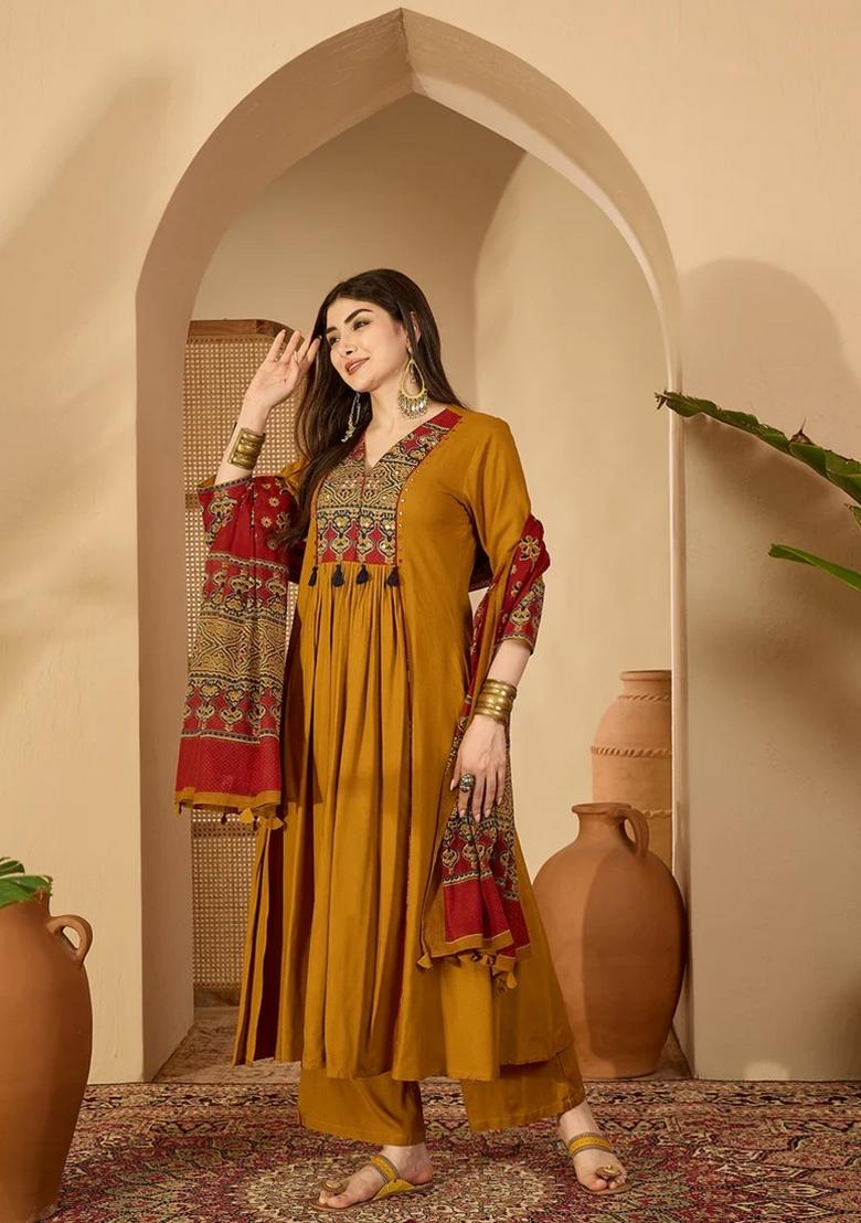 Mustard Printed Cotton Kurta Set - Indya