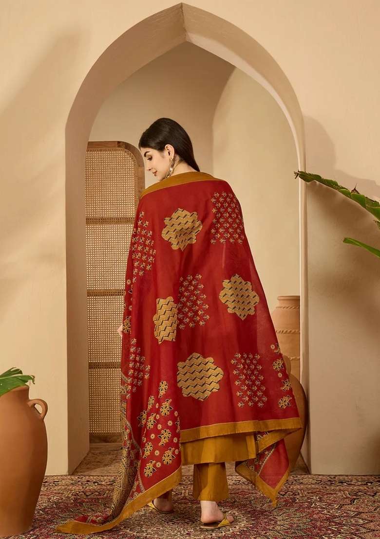 Mustard Printed Cotton Kurta Set - Indya