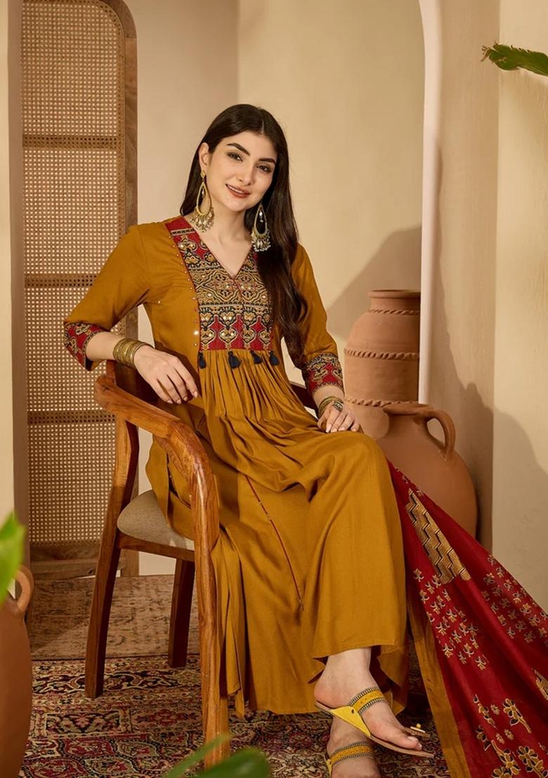 Mustard Printed Cotton Kurta Set - Indya
