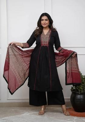 Black Printed Cotton Kurta Set