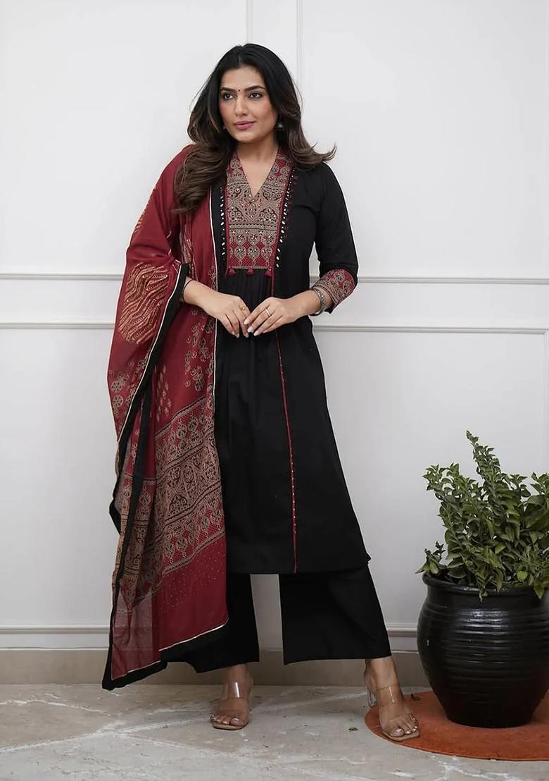 Black Printed Cotton Kurta Set - Indya