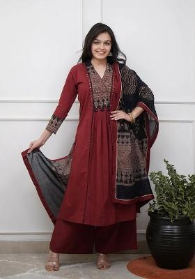 Maroon Printed Cotton Kurta Set