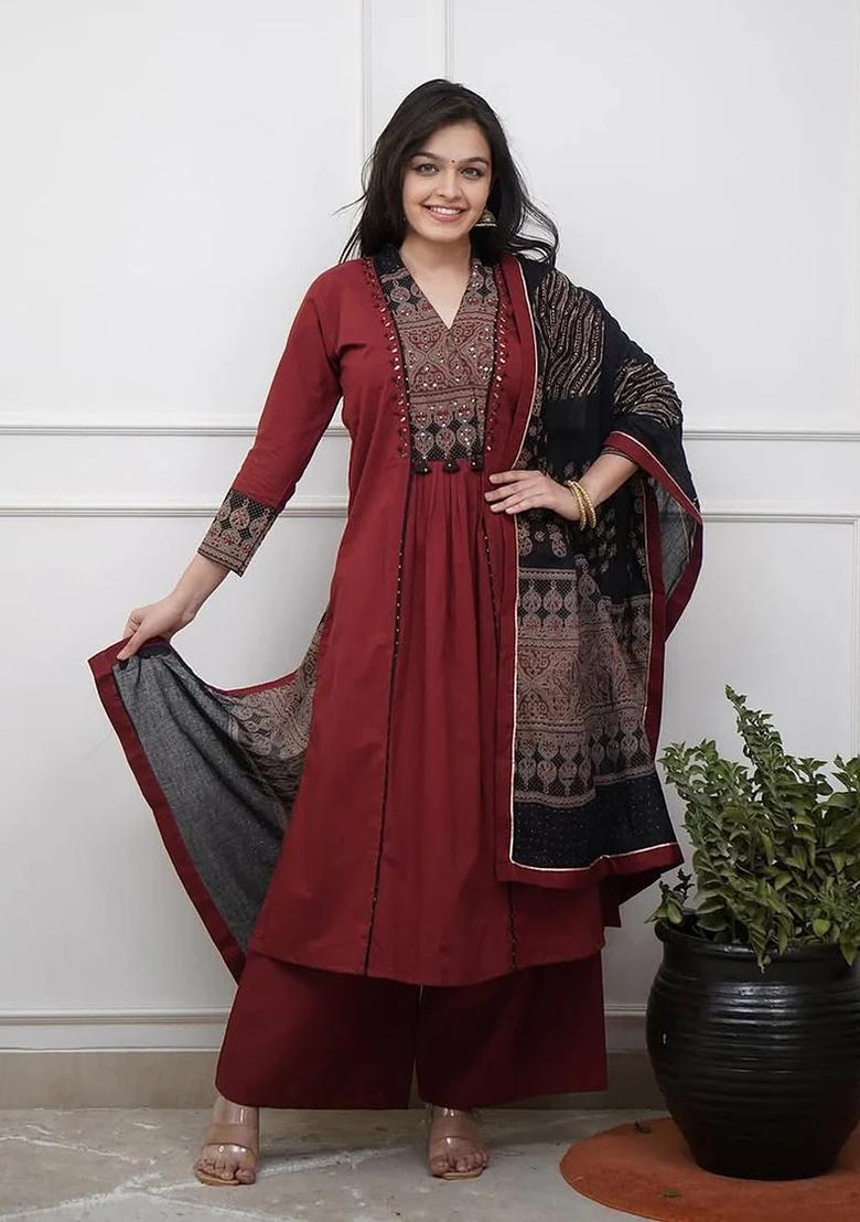 Maroon Printed Cotton Kurta Set - Indya