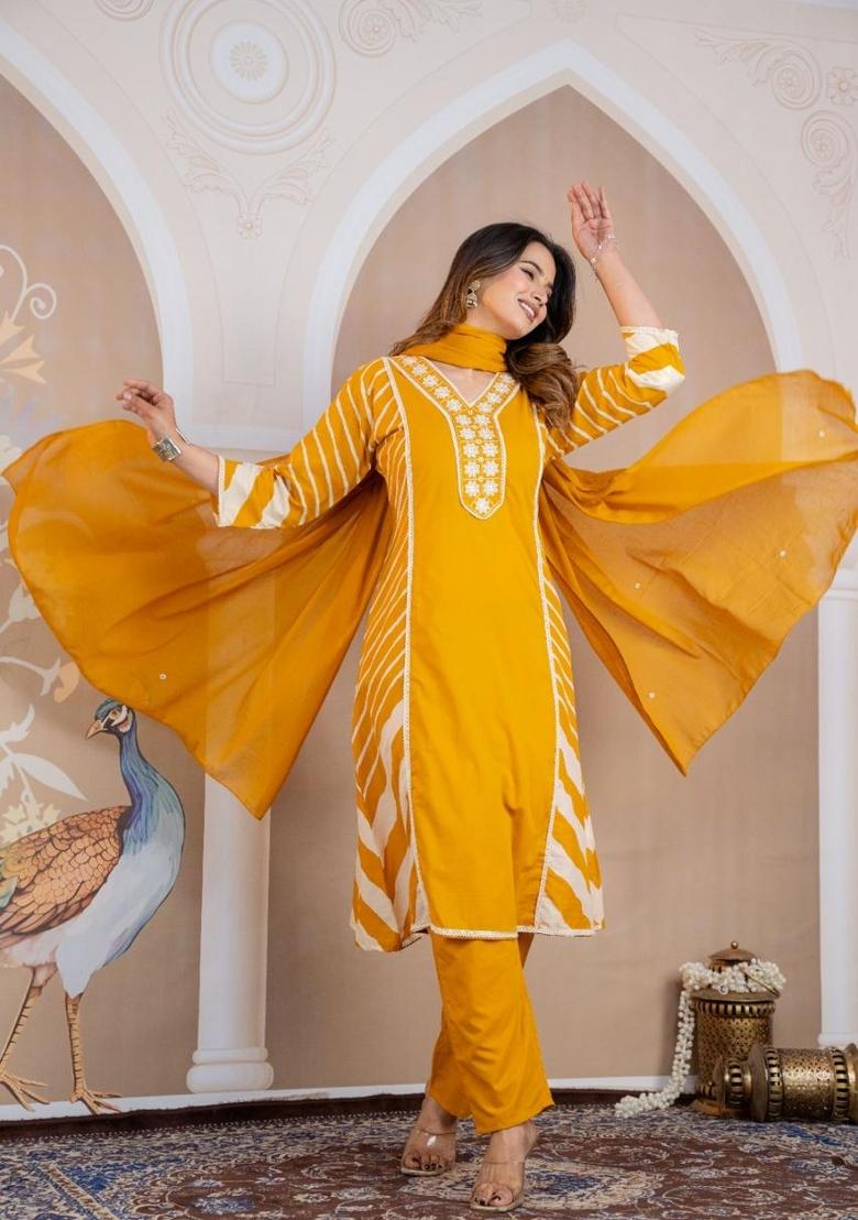 Yellow Printed Cotton Kurta Set - Indya