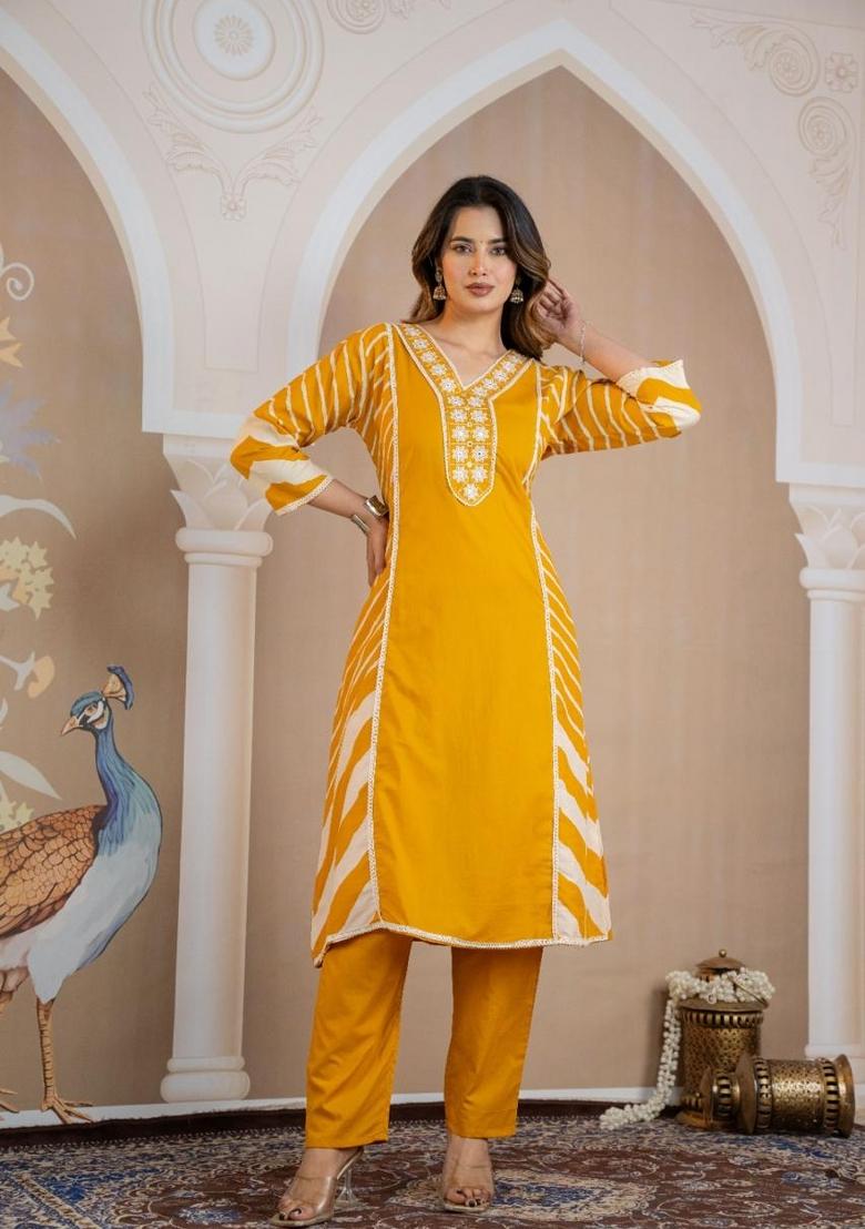 Yellow Printed Cotton Kurta Set - Indya