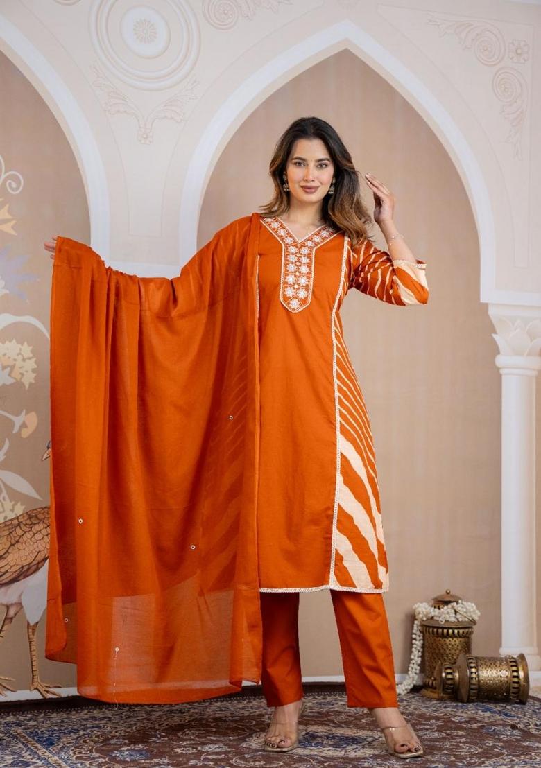 Mustard Orange Printed Cotton Kurta Set - Indya