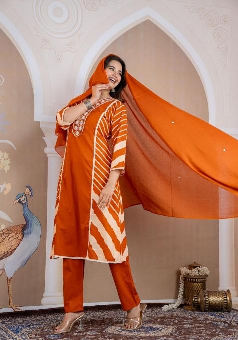 Mustard Orange Printed Cotton Kurta Set