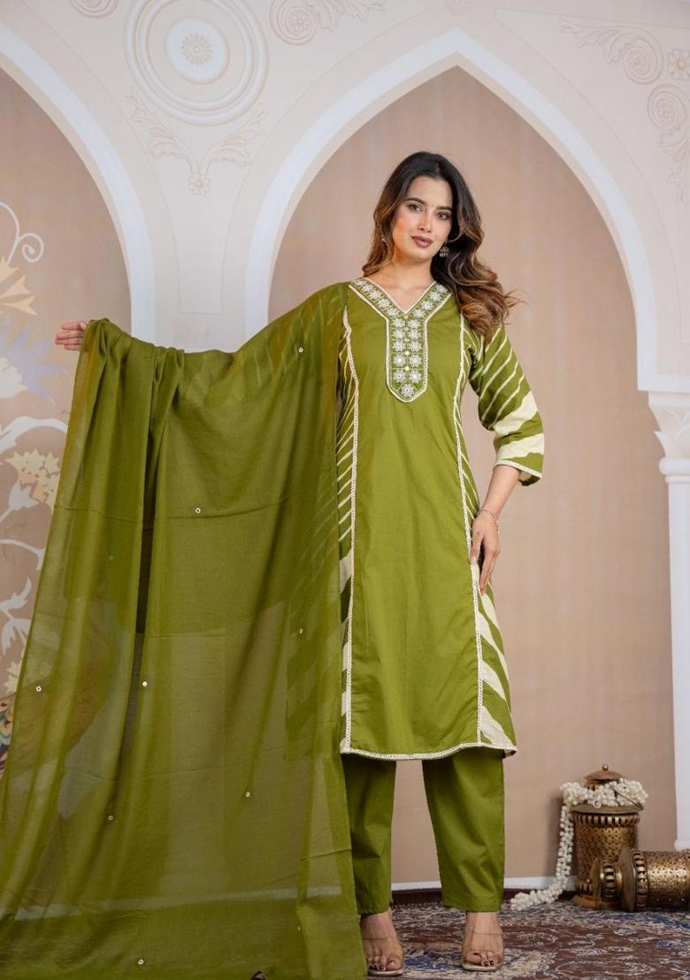 Green Printed Cotton Kurta Set - Indya