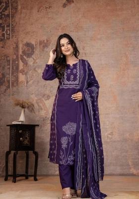 Purple Printed Cotton Kurta Set