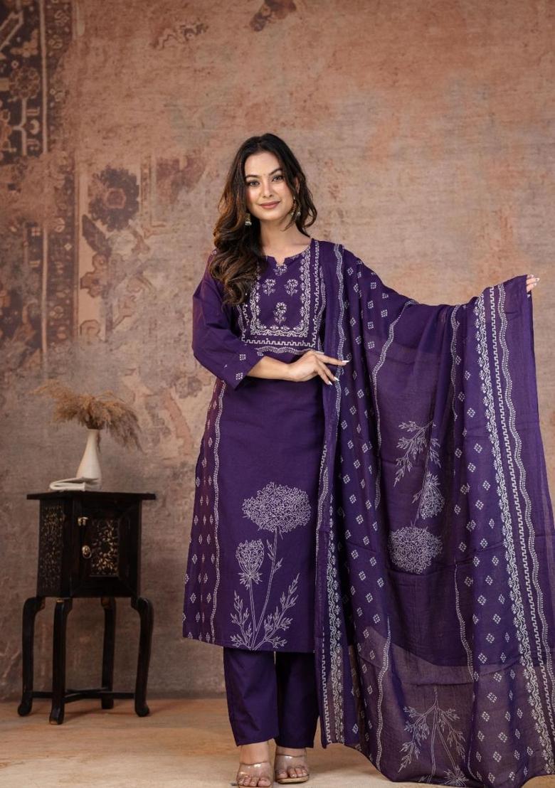 Purple Printed Cotton Kurta Set - Indya