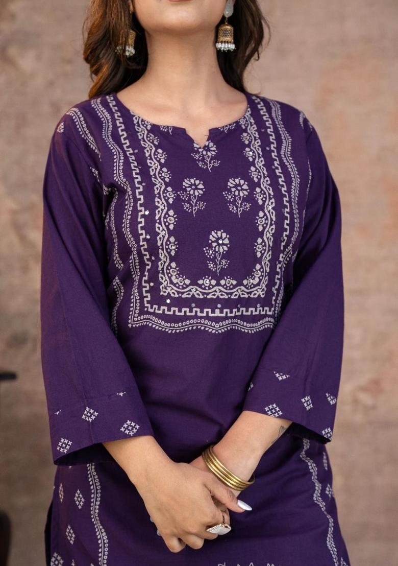 Purple Printed Cotton Kurta Set - Indya