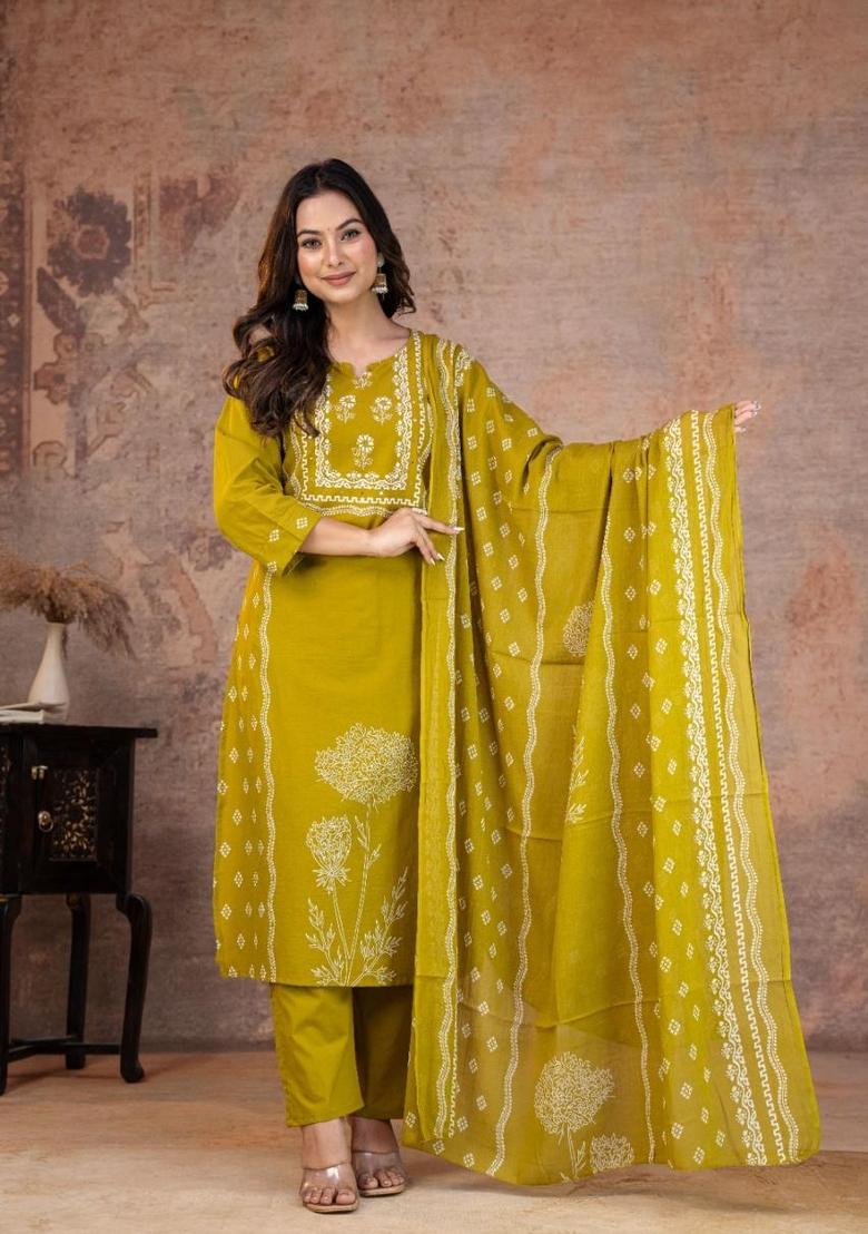 Yellow Printed Cotton Kurta Set - Indya