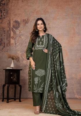 Green Printed Cotton Kurta Set
