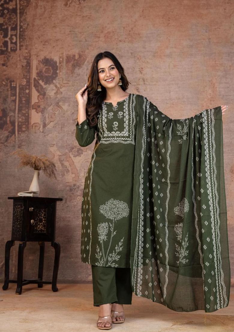 Green Printed Cotton Kurta Set - Indya