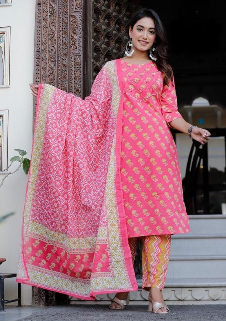 Pink Printed Cotton Kurta Set - Indya