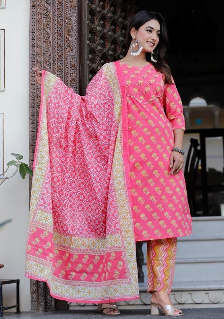 Pink Printed Cotton Kurta Set - Indya