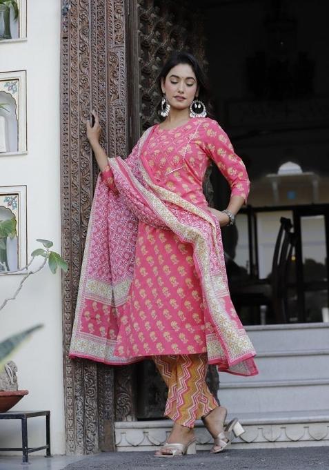 Pink Printed Cotton Kurta Set