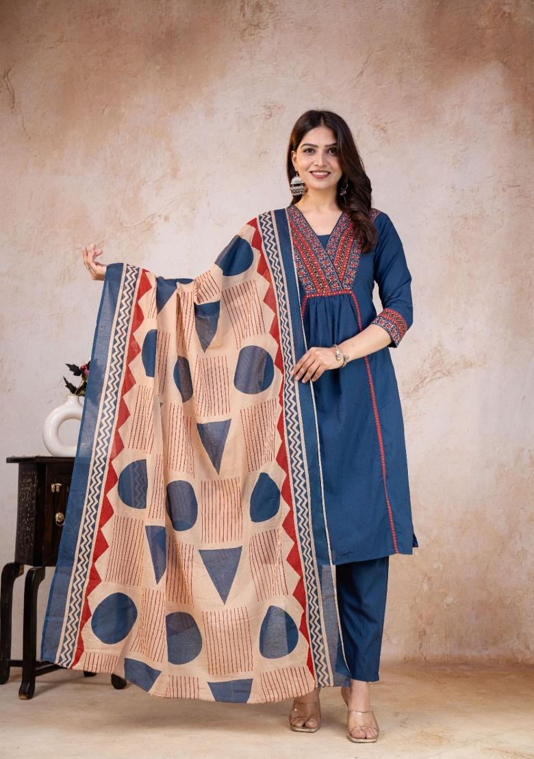 Blue Printed Cotton Kurta Set - Indya