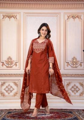 Rust Orange Printed Cotton Kurta Set