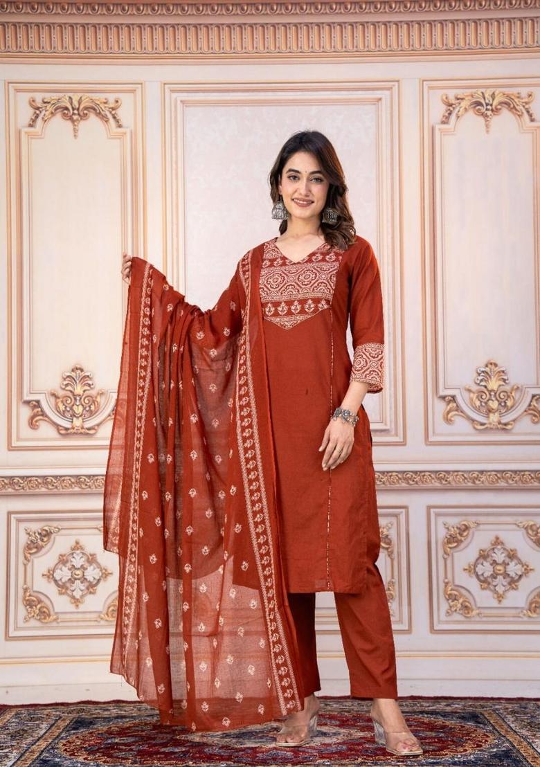 Rust Orange Printed Cotton Kurta Set - Indya