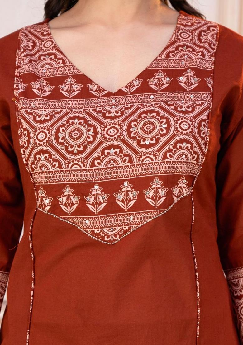 Rust Orange Printed Cotton Kurta Set - Indya
