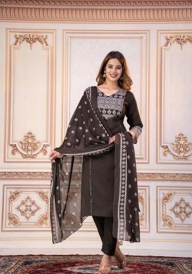 Chocolate Brown Printed Cotton Kurta Set