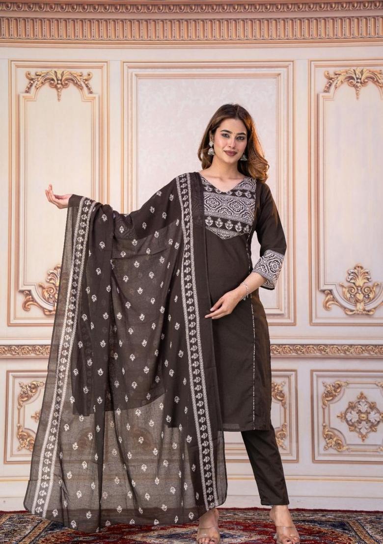 Chocolate Brown Printed Cotton Kurta Set - Indya