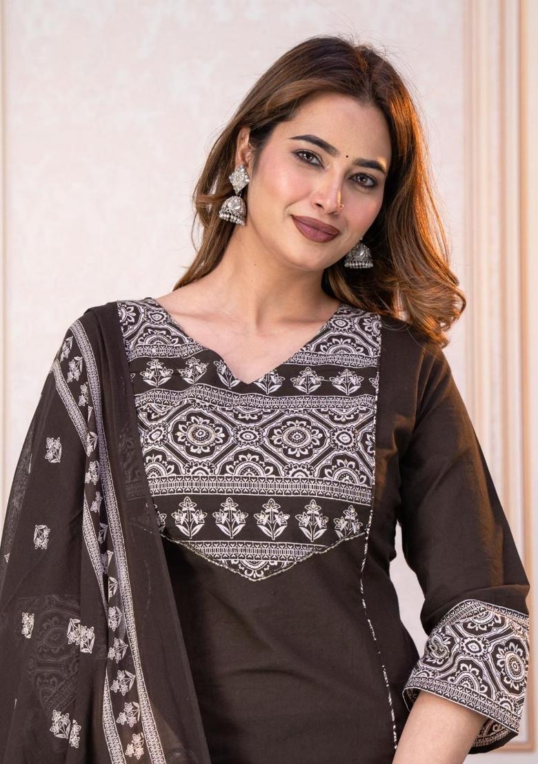 Chocolate Brown Printed Cotton Kurta Set - Indya