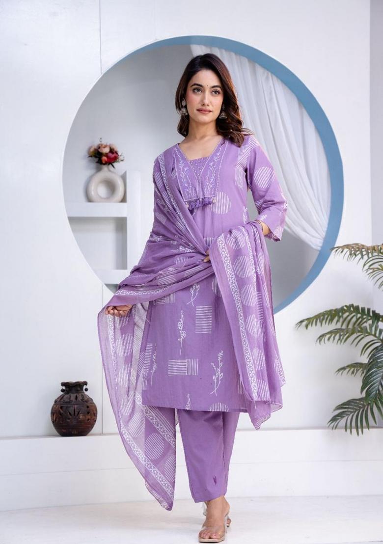 Lavender Printed Cotton Kurta Set - Indya