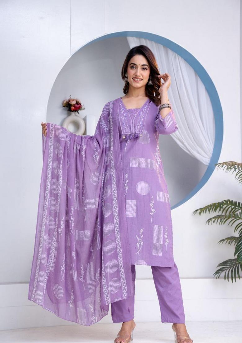 Lavender Printed Cotton Kurta Set - Indya