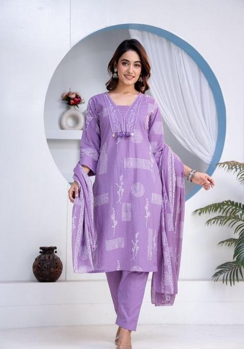 Lavender Printed Cotton Kurta Set