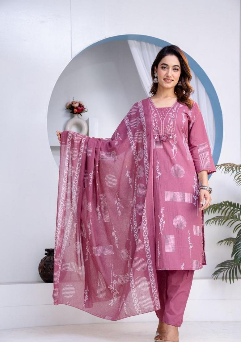 Rose Pink Printed Cotton Kurta Set - Indya