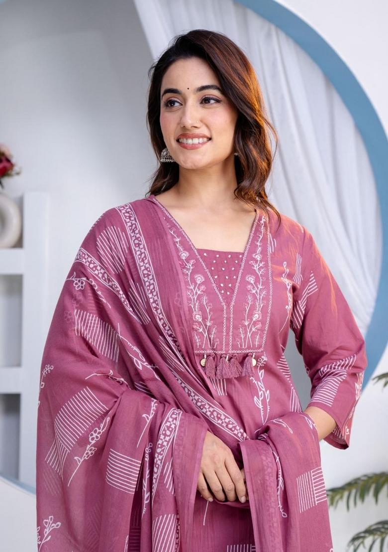 Rose Pink Printed Cotton Kurta Set - Indya